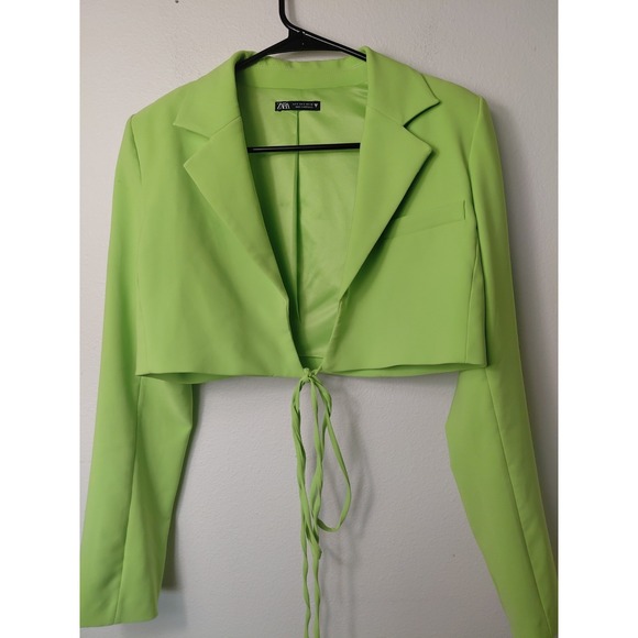 Zara Jackets & Blazers - Zara Neon Green Wrap Around Drawstring Cropped Blazer Size S Bnwt